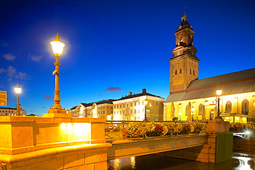 Bridge and church at night, Gothenburg, Sweden, Scandinavia, Europe