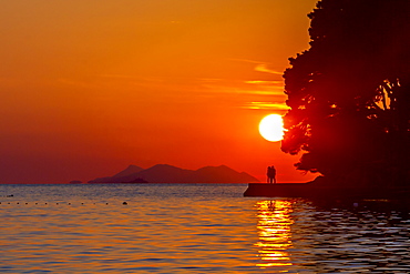 View of sunset in Cavtat on the Adriatic Sea, Cavtat, Dubrovnik Riviera, Croatia, Europe