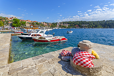 View of harbour boats and Cavtat on the Adriatic Sea, Cavtat, Dubrovnik Riviera, Croatia, Europe
