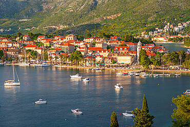 View of town at sunset from elevated position, Cavtat on the Adriatic Sea, Cavtat, Dubrovnik Riviera, Croatia, Europe