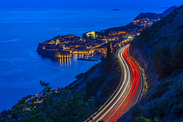 View of the Old Walled City of Dubrovnik at dusk, UNESCO World Heritage Site, Dubrovnik Riviera, Croatia, Europe