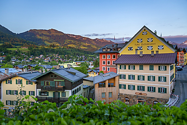 Panoramic view of town and mountains from elevated position, Kitzbuhel, Austrian Tyrol Region, Austria, Europe