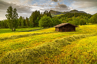 View of traditional log cabin at Schwarzsee near Kitzbuhel, Tyrol, Austria, Europe