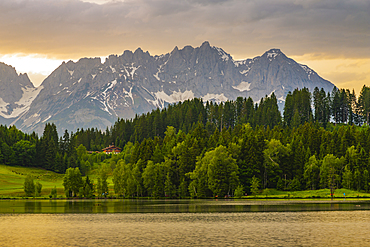 View of the Wilder Kaiser Mountain Range from Schwarzsee near Kitzbuhel, Tyrol, Austria, Europe