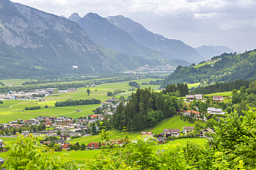 View of valley and mountains at Schwaz from view above the town, Schwaz, Tyrol, Austria, Europe