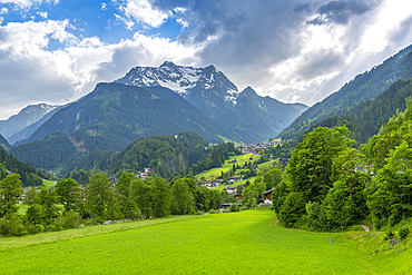 View of Finkenberg and mountains viewed from Mayrhofen, Tyrol, Austria, Europe