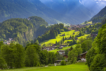 View of Finkenberg and mountains viewed from Mayrhofen, Tyrol, Austria, Europe