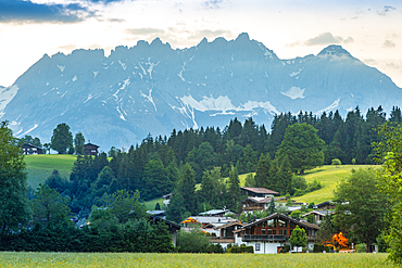 View of Reith bei Kitzbuhel and Wilder Kaiser mountain range, Tyrol, Austrian Alps, Austria, Europe