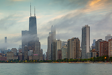 View of Chicago skyline from North Beach at dusk, Downtown Chicago, Illinois, United States of America, North America