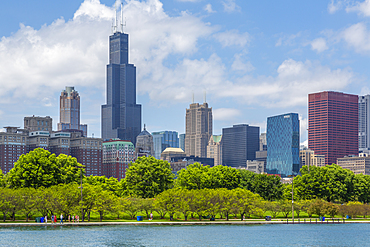 View of Chicago skyline and Willis Tower from Lake Michigan taxi boat, Chicago, Illinois, United States of America, North America