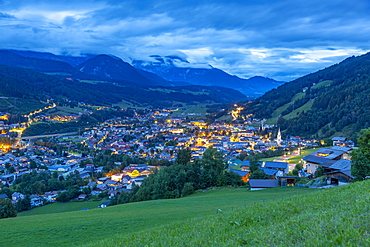 Panoramic view of Schladming town at dusk, Styria, Austrian Tyrol, Austria, Europe