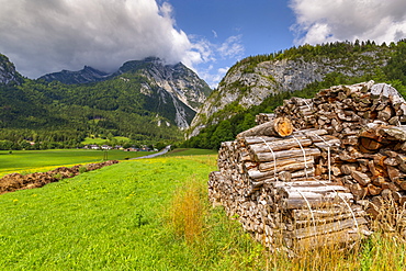 Wood stock piles and mountains, Unterburg, Styria, Tyrol, Austrian Alps, Austria, Europe