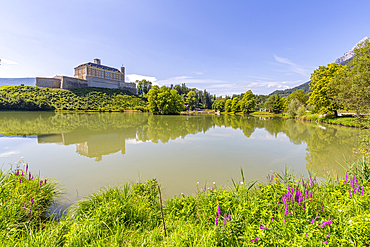 View of Trautenfels Castle reflection in Schlossteich Fischstoberl fishing pond, Styria, Austria, Europe