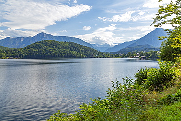 View of traditional chalets and Grundlsee, Styria, Austria, Europe