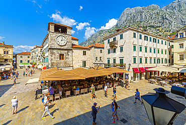 View of Old Town Clock Tower in the Old Town of Kotor, UNESCO World Heritage Site, Kotor, Montenegro, Europe