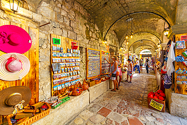 View of Old Town market stalls in Kotor, UNESCO World Heritage Site, Kotor, Montenegro, Europe