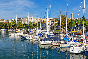 View of Pula Marina and Roman Arena (Amphitheatre), Pula, Istria County, Croatia, Adriatic, Europe