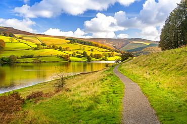 View of autumn colours at Ladybower Reservoir, Derbyshire, Peak District National Park, England, United Kingdom, Europe