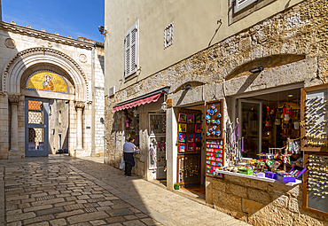 View of entrance to Euphrasian Basilica, old town, Porec, Istria, Croatia, Europe