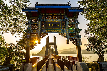 View of entrance to Shi Baozhai Pagoda on Yangtze River near Wanzhou, Chongqing, People's Republic of China, Asia