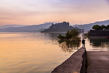 View of Shi Baozhai Pagoda at sunset on Yangtze River near Wanzhou, Chongqing, People's Republic of China, Asia