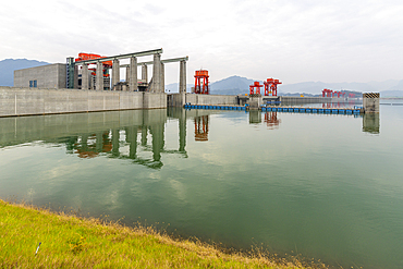 View of The Three Gorges Dam and visitors centre at Sandouping, Sandouping, Hubei, China, Asia
