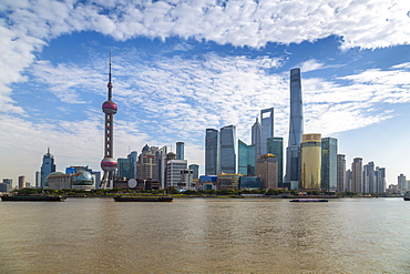 View of Pudong Skyline and Huangpu River from the Bund, Shanghai, China, Asia