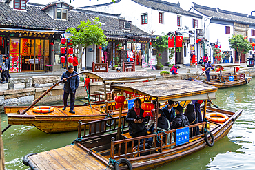 View of boats on waterway in Zhujiajiaozhen water town, Qingpu District, Shanghai, China, Asia