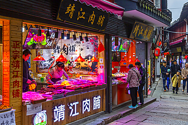 View of busy shopping street in Zhujiajiaozhen water town, Qingpu District, Shanghai, China, Asia