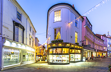 View of shops on London Street at Christmas, Norwich, Norfolk, East Anglia, England, United Kingdom, Europe