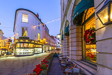 View of shops on London Street at Christmas, Norwich, Norfolk, East Anglia, England, United Kingdom, Europe