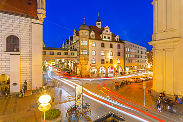 View of trail lights on street near Old Town Hall at dusk, Munich, Bavaria, Germany, Europe