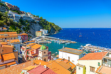 View of Spiaggia di Sorrento, public beach and harbour, Sorrento, Campania, Italy, Europe