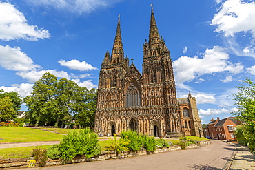 View of Lichfield Cathedral West facade from The Close, Lichfield, Staffordshire, England, United Kingdom, Europe