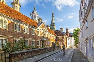 View of High Street and Salisbury Cathedral in background, Salisbury, Wiltshire, England, United Kingdom, Europe