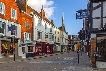 View of shops and bars on High Street, Salisbury, Wiltshire, England, United Kingdom, Europe