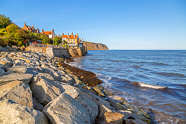 View of rocks and North Yorkshire coastline, Robin Hood's Bay, North Yorkshire, England, United Kingdom, Europe