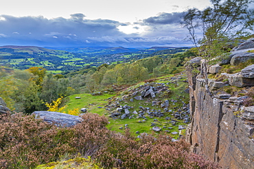 View toward Hathersage from Lawrencefield during autumn, Hathersage, Hope Valley, Derbyshire Peak District, Derbyshire, England, United Kingdom, Europe