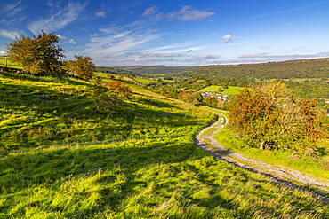 View of track leading to Calver Village overlooked by Curbar Edge, Calver, Derbyshire Peak District, Derbyshire, England, United Kingdom, Europe