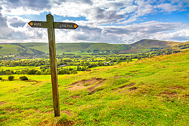 View of signpost and Hope Valley, Derbyshire Peak District, Derbyshire, England, United Kingdom, Europe