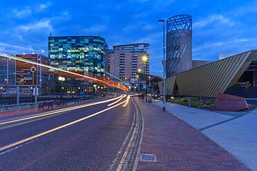 View of The Lowry Theatre at MediaCity UK at dusk, Salford Quays, Manchester, England, United Kingdom, Europe