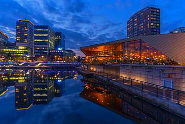 View of MediaCity UK and restaurant at dusk, Salford Quays, Manchester, England, United Kingdom, Europe