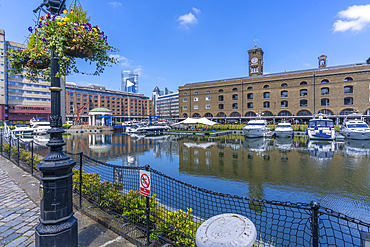 View of St. Katherine Dock and the City in background, London, England, United Kingdom, Europe