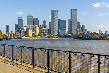 View of Canary Wharf Financial District from the Thames Path in Wapping, London, England, United Kingdom, Europe