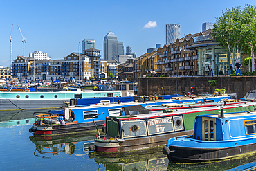 View of canal boats in the marina at the Limehouse Basin and Canary Wharf in background, Limehouse, London, England, United Kingdom, Europe