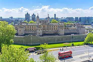 View of the Tower of London, UNESCO World Heritage Site, and Tower Bridge from elevated position, London, England, United Kingdom, Europe