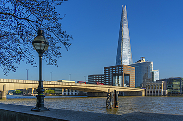 View of The Shard, London Bridge and River Thames from the Thames Path, London, England, United Kingdom, Europe