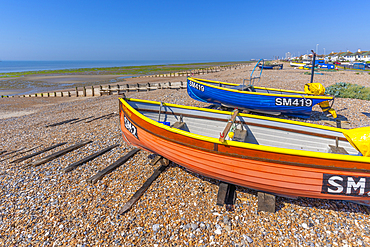 View of colourful fishing boats on Worthing Beach, Worthing, West Sussex, England, United Kingdom, Europe