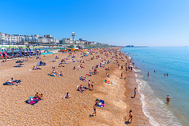 View of Brighton seafront on a sunny day from Brighton Palace Pier, Brighton, East Sussex, England, United Kingdom, Europe