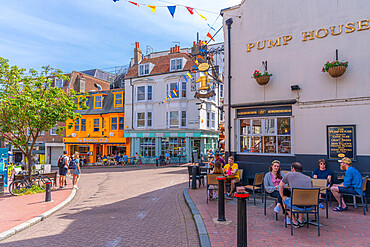 View of restaurants and bars in colourful Brighton Place, Brighton, Sussex, England, United Kingdom, Europe